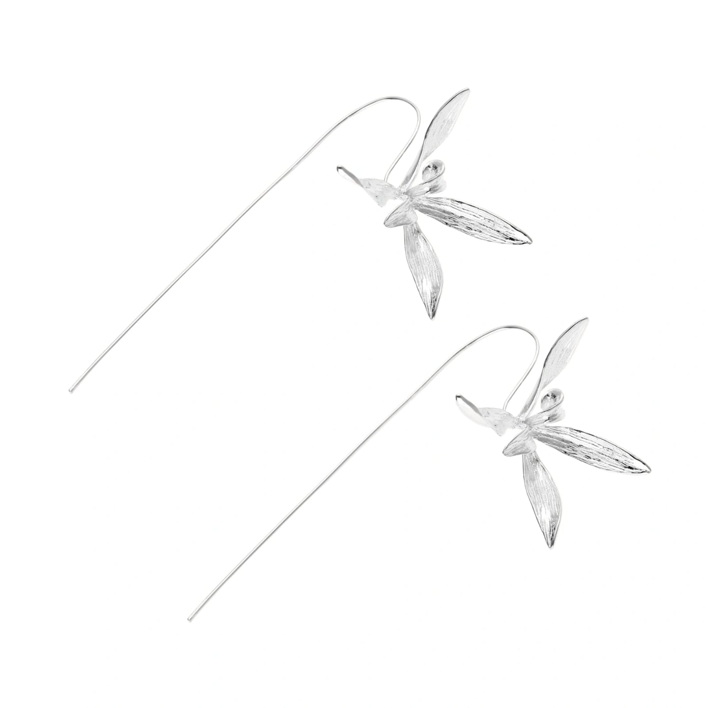 Delicate sterling silver dragonfly earrings with textured wings and curved threader hooks on white background