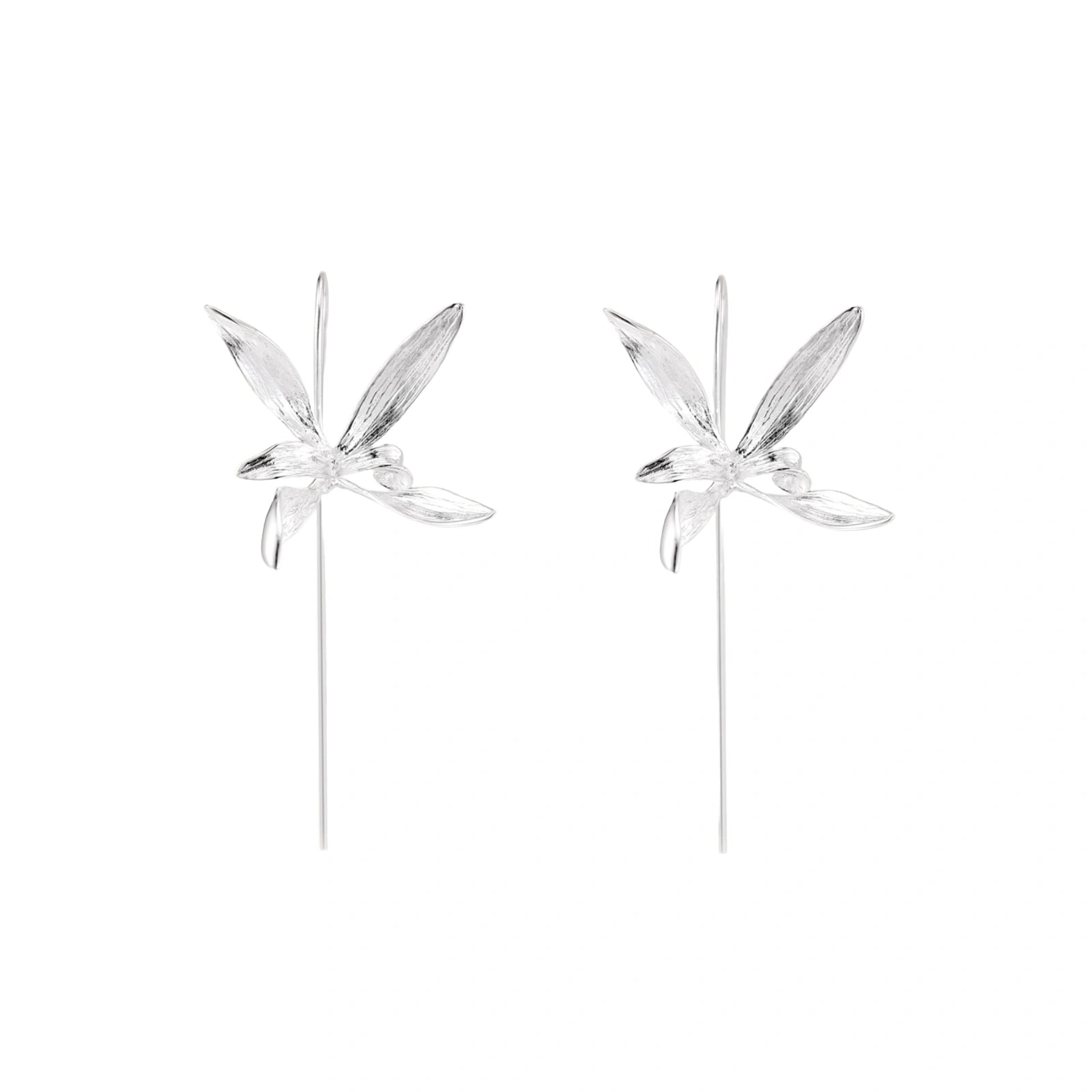Delicate sterling silver dragonfly earrings with textured wings and curved threader hooks on white background